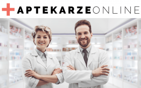 farmaceuci - kobieta i mężczyzna a za nimi półki z lekarstwami