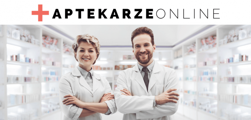 farmaceuci - kobieta i mężczyzna a za nimi półki z lekarstwami