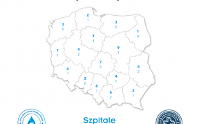 Grafika przedstawająca mapę Polski z zaznaczonymi dziewiętnastoma szpitalami z całej Polski z certyfikatem „Szpital Dobrej Praktyki Żywienia Klinicznego”
