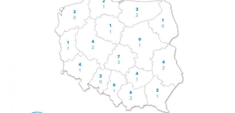 Grafika przedstawająca mapę Polski z zaznaczonymi dziewiętnastoma szpitalami z całej Polski z certyfikatem „Szpital Dobrej Praktyki Żywienia Klinicznego”